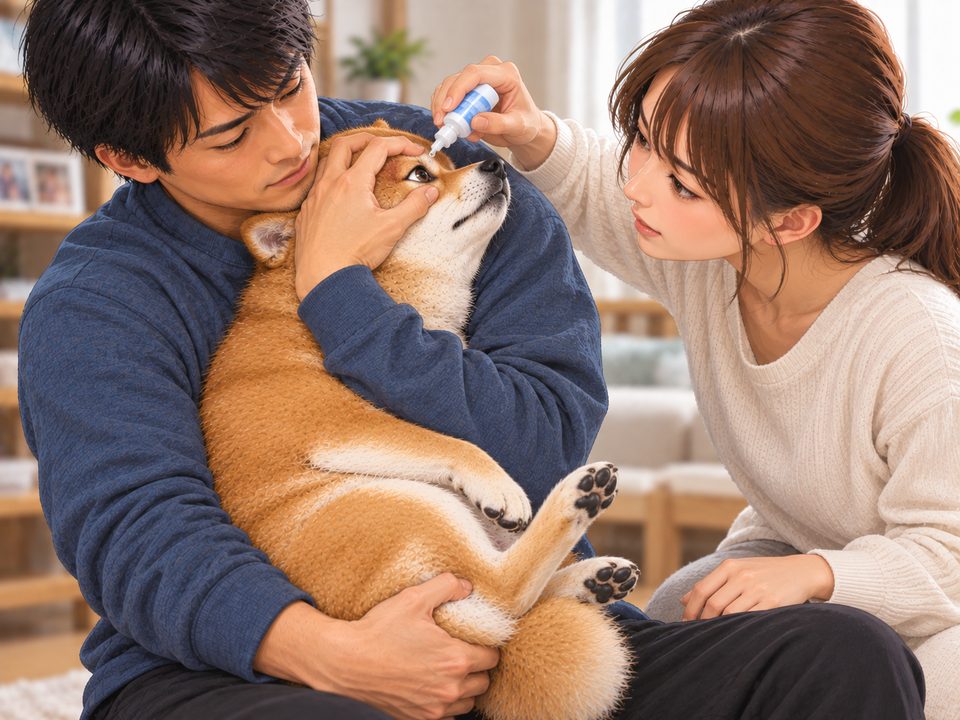 点眼に慣れてきた柴犬を、1人が抱いて目を開き、もう1人が点眼しているイメージイラスト