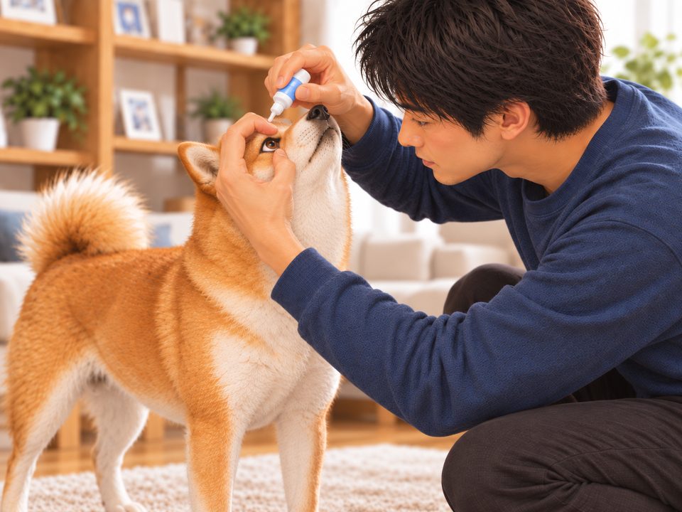 一人で柴犬の目を開きながら点眼しているイメージイラスト