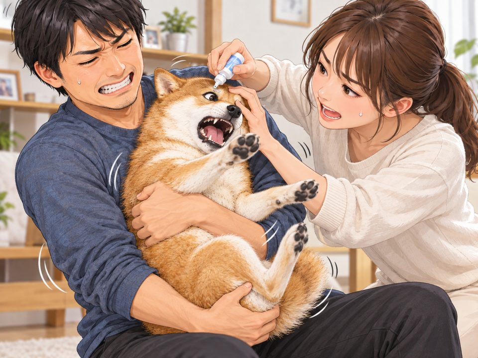 点眼を嫌がって暴れる柴犬を、2人がかりで抱えながら点眼しているイメージイラスト