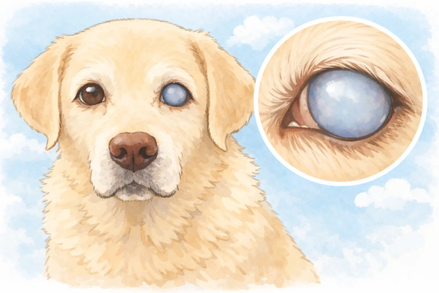 白く濁った水晶体が見られる犬の白内障の目