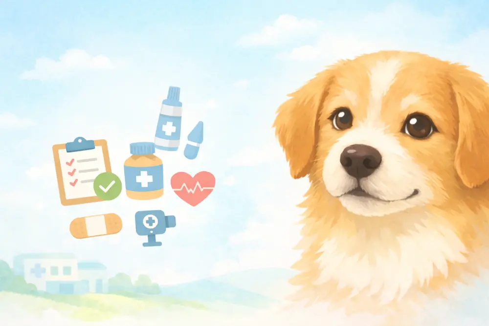 やわらかいイラスト風の犬と目のケアを表す医療アイコン