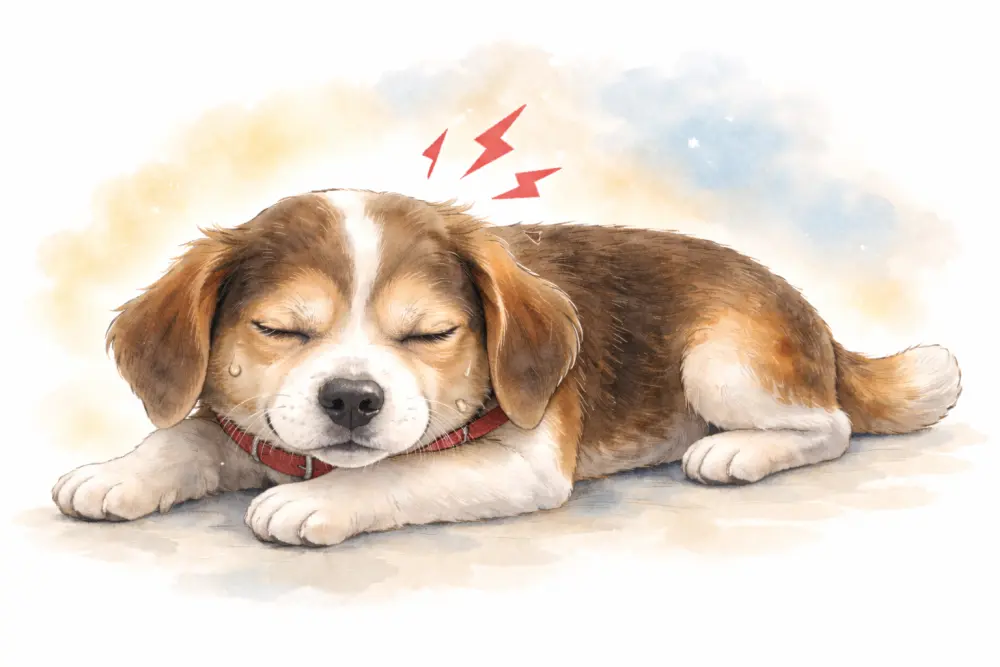 伏せた犬が片目を細めている、犬の緑内障をイメージしたやわらかいタッチのイラスト